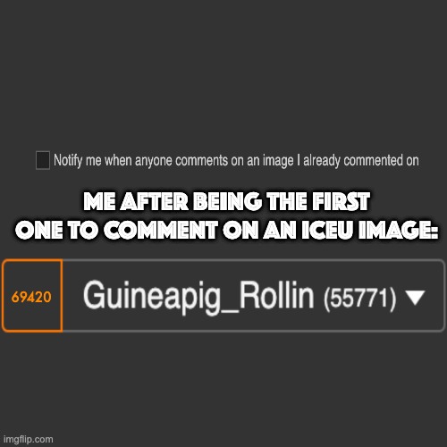 Why does this setting exist | ME AFTER BEING THE FIRST ONE TO COMMENT ON AN ICEU IMAGE:; 69420 | image tagged in iceu,comments | made w/ Imgflip meme maker