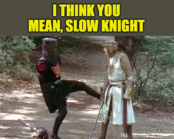 Monty python knight | I THINK YOU MEAN, SLOW KNIGHT | image tagged in monty python knight | made w/ Imgflip meme maker