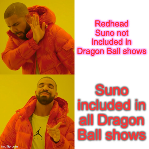 Drake Hotline Bling | Redhead Suno not included in Dragon Ball shows; Suno included in all Dragon Ball shows | image tagged in memes,drake hotline bling | made w/ Imgflip meme maker