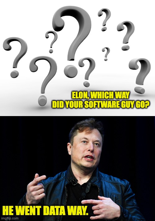 Elon | ELON, WHICH WAY DID YOUR SOFTWARE GUY GO? HE WENT DATA WAY. | image tagged in question marks,bad pun | made w/ Imgflip meme maker