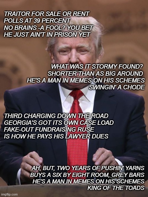 To the tune of Roger Miller's "King of the Road" | TRAITOR FOR SALE OR RENT
POLLS AT 39 PERCENT
NO BRAINS -A FOOL? YOU BET
HE JUST AIN'T IN PRISON YET; WHAT WAS IT STORMY FOUND? 
SHORTER THAN AS BIG AROUND 
HE'S A MAN IN MEMES ON HIS SCHEMES
SWINGIN' A CHODE; THIRD CHARGING DOWN THE ROAD
GEORGIA'S GOT ITS OWN CASE LOAD
FAKE-OUT FUNDRAISING RUSE
IS HOW HE PAYS HIS LAWYER DUES; AH, BUT, TWO YEARS OF PUSHIN' YARNS
BUYS A SIX BY EIGHT ROOM, GREY BARS
HE'S A MAN IN MEMES ON HIS SCHEMES
KING OF THE TOADS | image tagged in donald trump,donald trump is an idiot,trump unfit unqualified dangerous | made w/ Imgflip meme maker