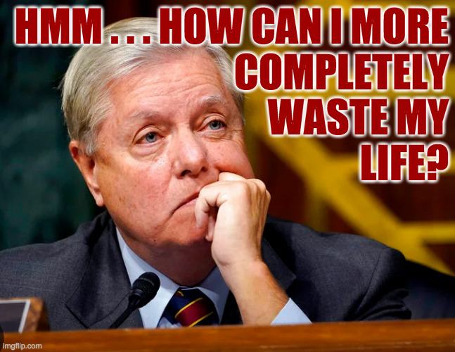 Nobody does it better. | HMM . . . HOW CAN I MORE
COMPLETELY
WASTE MY
LIFE? | image tagged in memes,lindsey graham,waste | made w/ Imgflip meme maker