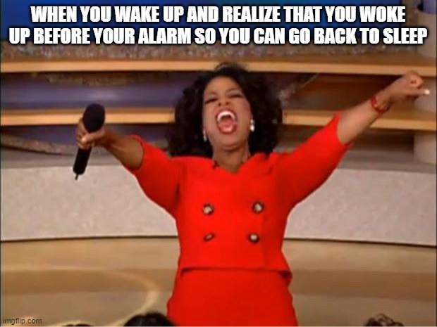free Panzanella | WHEN YOU WAKE UP AND REALIZE THAT YOU WOKE UP BEFORE YOUR ALARM SO YOU CAN GO BACK TO SLEEP | image tagged in memes,oprah you get a | made w/ Imgflip meme maker