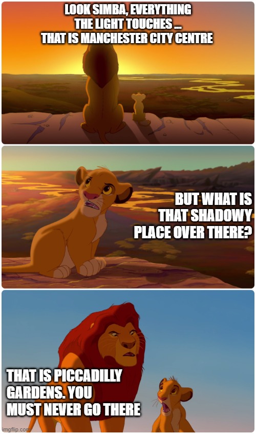 Manchester Piccadilly | LOOK SIMBA, EVERYTHING THE LIGHT TOUCHES ... THAT IS MANCHESTER CITY CENTRE; BUT WHAT IS THAT SHADOWY PLACE OVER THERE? THAT IS PICCADILLY GARDENS. YOU MUST NEVER GO THERE | image tagged in manchester,manchesterpiccadilly,lionking,piccadillygardens | made w/ Imgflip meme maker