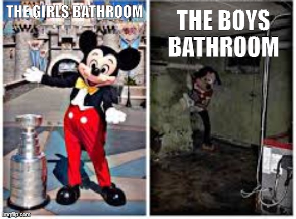 the girls bathroom vs boys bathroom at my school | THE BOYS BATHROOM; THE GIRLS BATHROOM | image tagged in mickey mouse in disneyland | made w/ Imgflip meme maker