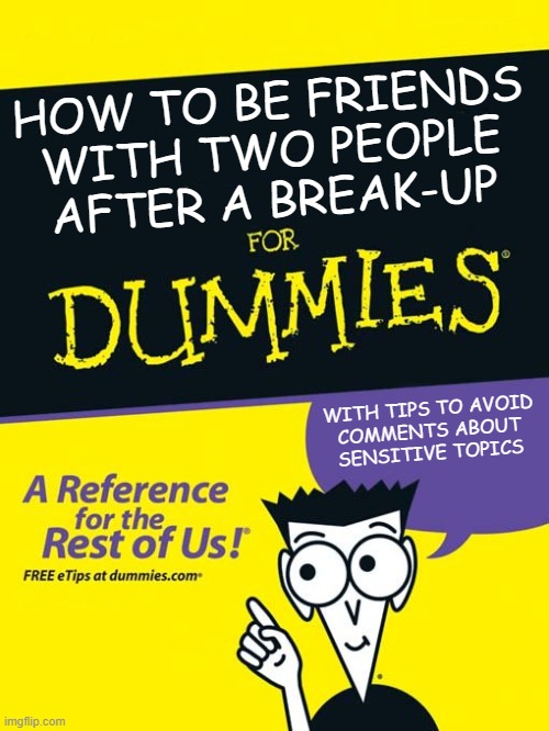 How to be friends with two people after a breakup for dummies. | HOW TO BE FRIENDS
WITH TWO PEOPLE AFTER A BREAK-UP; WITH TIPS TO AVOID
COMMENTS ABOUT
SENSITIVE TOPICS | image tagged in for dummies book,relationships,divorce | made w/ Imgflip meme maker
