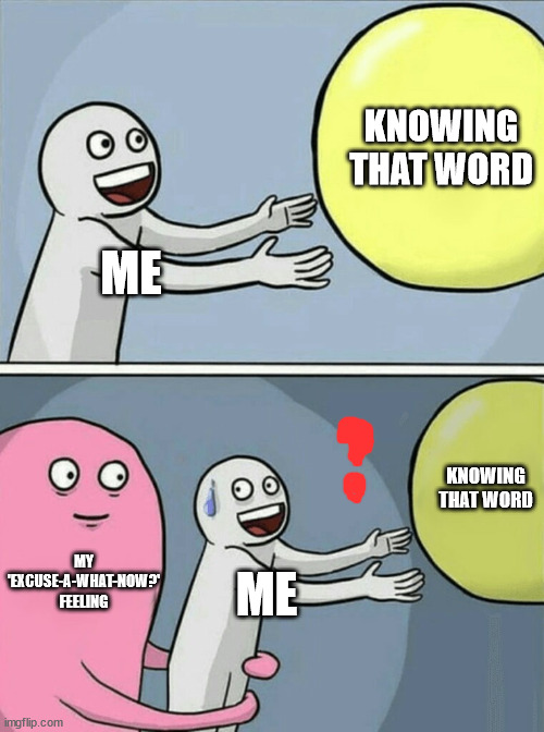 Running Away Balloon Meme | ME KNOWING THAT WORD MY 'EXCUSE-A-WHAT-NOW?' FEELING ME KNOWING THAT WORD | image tagged in memes,running away balloon | made w/ Imgflip meme maker