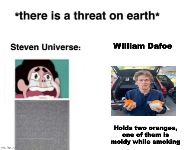 Yuh | William Dafoe; Holds two oranges, one of them is moldy while smoking | image tagged in there is a threat on earth,shitpost,oh wow are you actually reading these tags,willem dafoe | made w/ Imgflip meme maker