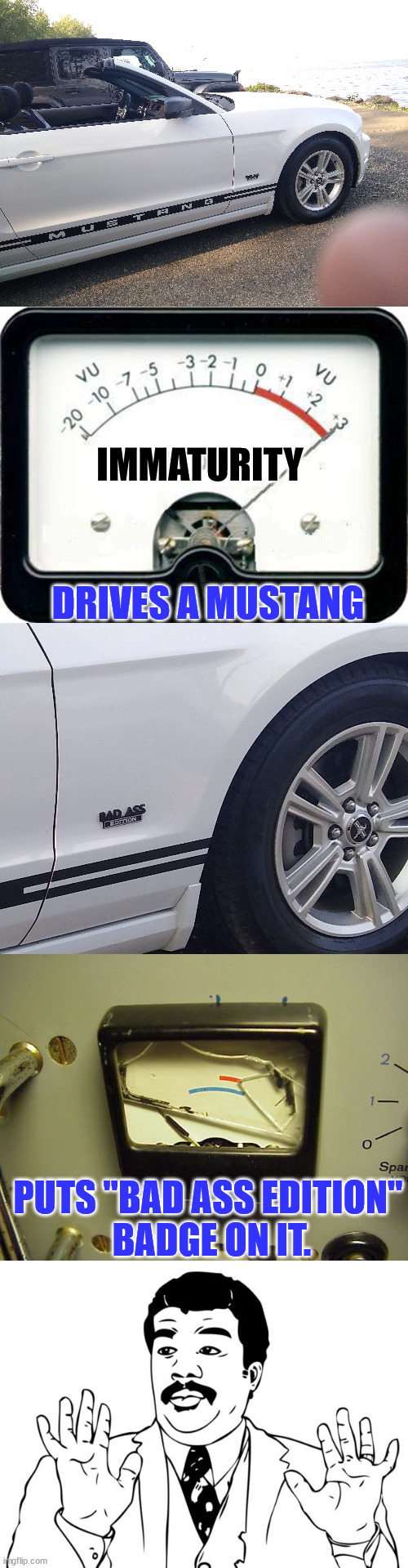 Must be the version with the extra-hard seats. | IMMATURITY; DRIVES A MUSTANG; PUTS "BAD ASS EDITION"
 BADGE ON IT. | image tagged in irony meter,broken meter,watch out guys we got us a badass over here | made w/ Imgflip meme maker