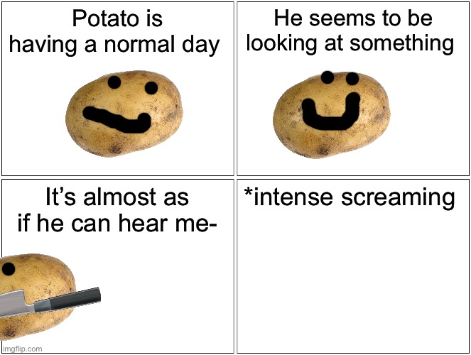 Oh crap I’m adding lore to these comics ?? | Potato is having a normal day; He seems to be looking at something; It’s almost as if he can hear me-; *intense screaming | image tagged in memes,blank comic panel 2x2 | made w/ Imgflip meme maker