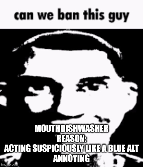 Can we ban this guy | MOUTHDISHWASHER
REASON:
ACTING SUSPICIOUSLY LIKE A BLUE ALT
ANNOYING | image tagged in can we ban this guy | made w/ Imgflip meme maker