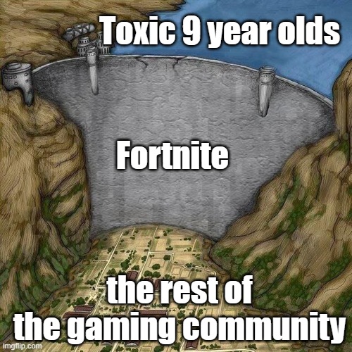 Water Dam Meme | Toxic 9 year olds; Fortnite; the rest of the gaming community | image tagged in water dam meme | made w/ Imgflip meme maker