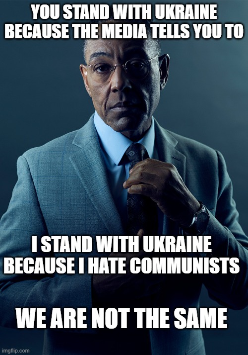 We are not the same | YOU STAND WITH UKRAINE BECAUSE THE MEDIA TELLS YOU TO; I STAND WITH UKRAINE BECAUSE I HATE COMMUNISTS; WE ARE NOT THE SAME | image tagged in we are not the same | made w/ Imgflip meme maker