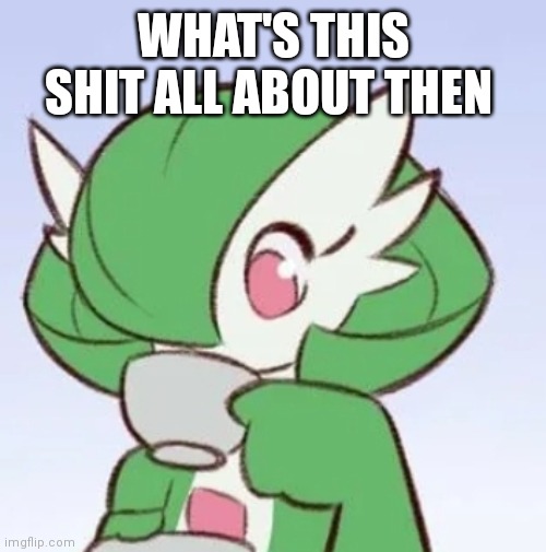 Gardevoir sipping tea | WHAT'S THIS SHIT ALL ABOUT THEN | image tagged in gardevoir sipping tea | made w/ Imgflip meme maker