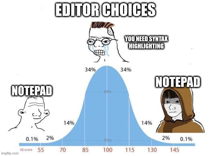 Bell Curve | EDITOR CHOICES; YOU NEED SYNTAX HIGHLIGHTING; NOTEPAD; NOTEPAD | image tagged in bell curve | made w/ Imgflip meme maker