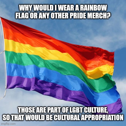 Dem's da rules | WHY WOULD I WEAR A RAINBOW FLAG OR ANY OTHER PRIDE MERCH? THOSE ARE PART OF LGBT CULTURE, SO THAT WOULD BE CULTURAL APPROPRIATION | image tagged in rainbow flag,cultural appropriation,memes,politics | made w/ Imgflip meme maker