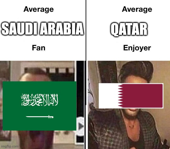 average saudi arabia fan vs average qatar enjoyer | SAUDI ARABIA; QATAR | image tagged in average fan vs average enjoyer,qatar,saudi arabia | made w/ Imgflip meme maker