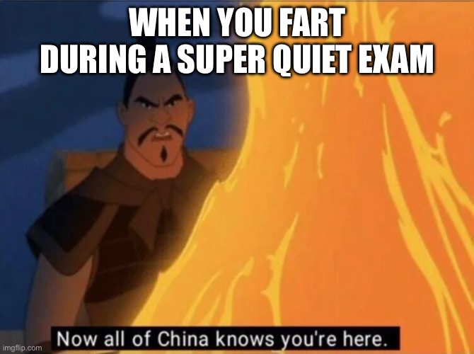 Now all of China knows you're here | WHEN YOU FART DURING A SUPER QUIET EXAM | image tagged in now all of china knows you're here | made w/ Imgflip meme maker