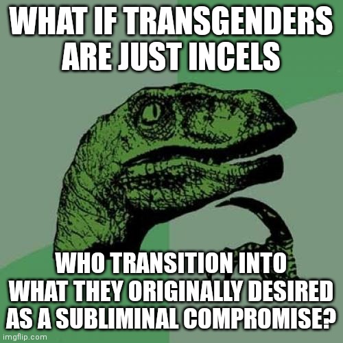 Take. Thee black pill and thank me later | WHAT IF TRANSGENDERS ARE JUST INCELS; WHO TRANSITION INTO WHAT THEY ORIGINALLY DESIRED AS A SUBLIMINAL COMPROMISE? | image tagged in memes,philosoraptor | made w/ Imgflip meme maker
