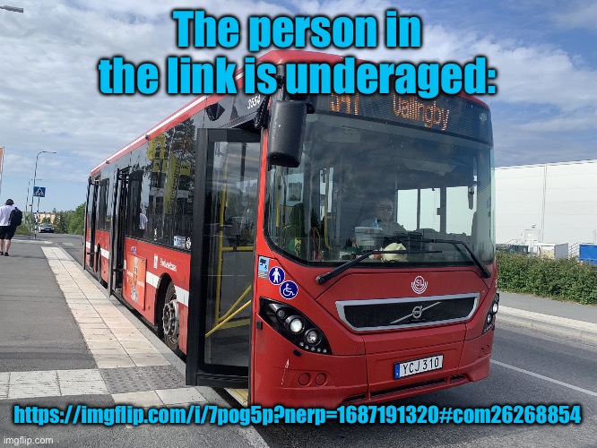 Bus | The person in the link is underaged:; https://imgflip.com/i/7pog5p?nerp=1687191320#com26268854 | image tagged in bus | made w/ Imgflip meme maker
