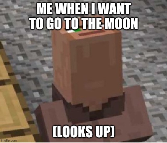 When you want to go to the moon | ME WHEN I WANT TO GO TO THE MOON; (LOOKS UP) | image tagged in minecraft villager looking up | made w/ Imgflip meme maker