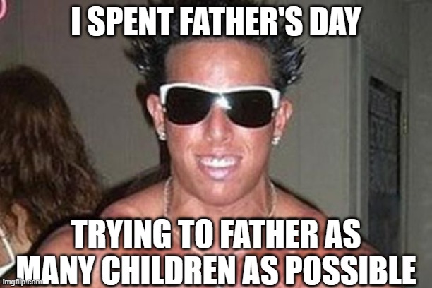 Captain Douchebag | I SPENT FATHER'S DAY; TRYING TO FATHER AS MANY CHILDREN AS POSSIBLE | image tagged in captain douchebag | made w/ Imgflip meme maker