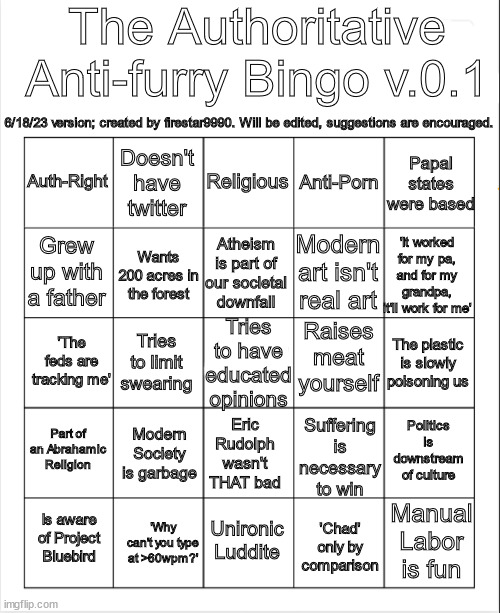 The Authoritative Anti-Furry Bingo v.0.1 Blank Meme Template