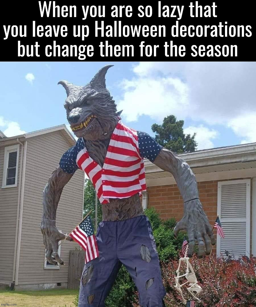 Wonder what the next costume will be ... ideas? | When you are so lazy that you leave up Halloween decorations but change them for the season | image tagged in lazy,halloween,decorating,changes | made w/ Imgflip meme maker