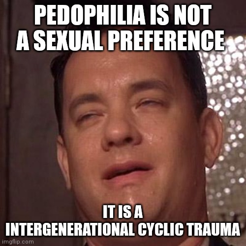 Tom Hanks Orgasm | PEDOPHILIA IS NOT A SEXUAL PREFERENCE; IT IS A INTERGENERATIONAL CYCLIC TRAUMA | image tagged in tom hanks orgasm | made w/ Imgflip meme maker