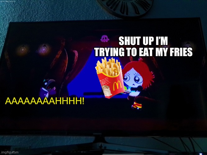 Every baby in McDonald’s be like: | SHUT UP I’M TRYING TO EAT MY FRIES; AAAAAAAAHHHH! | image tagged in scared crow | made w/ Imgflip meme maker
