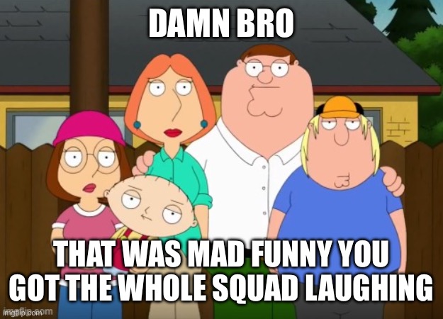 Family Guy Straight Face | DAMN BRO THAT WAS MAD FUNNY YOU GOT THE WHOLE SQUAD LAUGHING | image tagged in family guy straight face | made w/ Imgflip meme maker