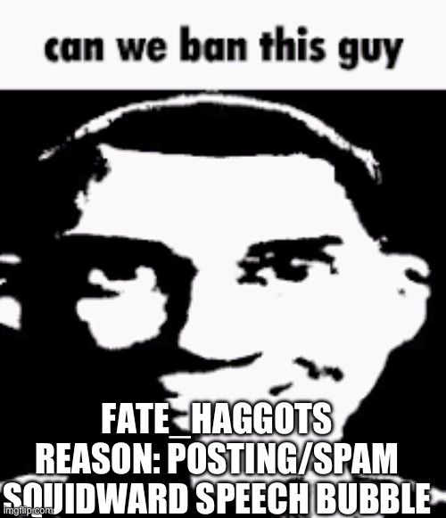 Can we ban this guy | FATE_HAGGOTS REASON: POSTING/SPAM SQUIDWARD SPEECH BUBBLE | image tagged in can we ban this guy | made w/ Imgflip meme maker