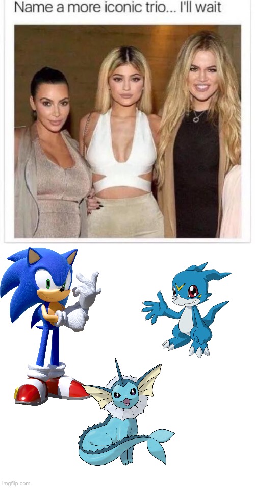 The blue trio of awesomeness | image tagged in name a more iconic trio,crossover,sonic the hedgehog,pokemon,digimon | made w/ Imgflip meme maker