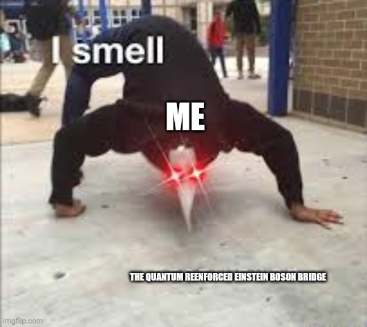 I smell the quantum reenforced Einstein boson bridge | ME; THE QUANTUM REENFORCED EINSTEIN BOSON BRIDGE | image tagged in i smell pestilence | made w/ Imgflip meme maker
