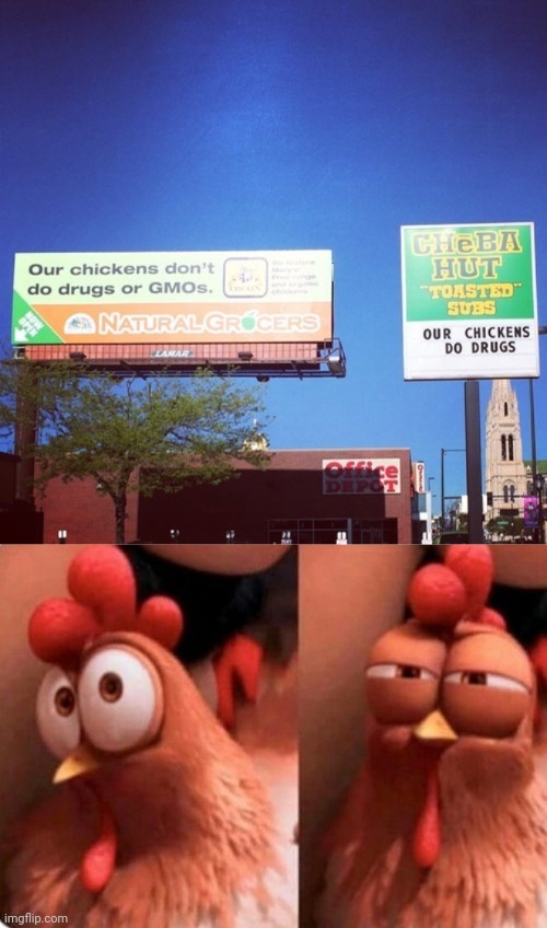Irony chicken signs | image tagged in squinting chicken,signs,irony,chicken,drugs,memes | made w/ Imgflip meme maker