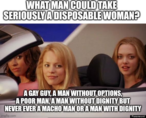 Man | WHAT MAN COULD TAKE SERIOUSLY A DISPOSABLE WOMAN? A GAY GUY, A MAN WITHOUT OPTIONS, A POOR MAN, A MAN WITHOUT DIGNITY BUT NEVER EVER A MACHO MAN OR A MAN WITH DIGNITY | image tagged in get in loser | made w/ Imgflip meme maker