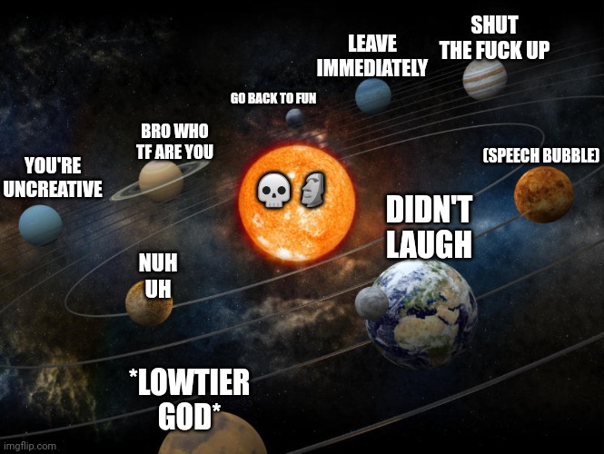 Solar System | DIDN'T LAUGH BRO WHO TF ARE YOU SHUT THE FUCK UP YOU'RE UNCREATIVE *LOWTIER GOD* (SPEECH BUBBLE) LEAVE IMMEDIATELY GO BACK TO FUN NUH UH ?? | image tagged in solar system | made w/ Imgflip meme maker