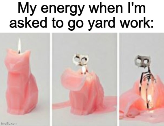 I just came back from some yard work, and my arms feel dead x_x | My energy when I'm asked to go yard work: | made w/ Imgflip meme maker