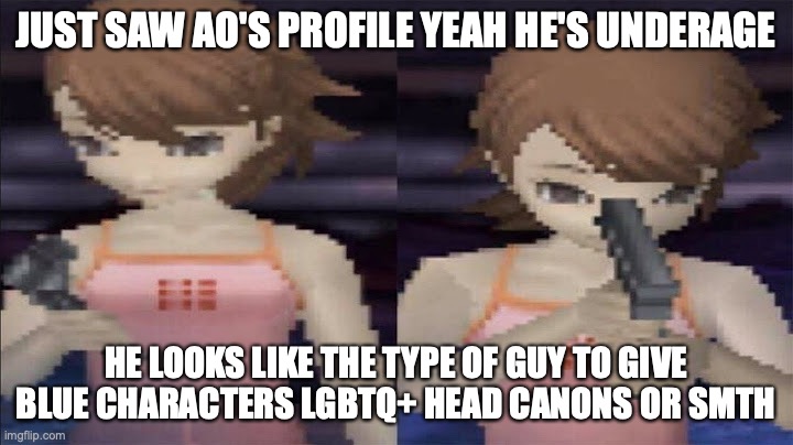 why | JUST SAW AO'S PROFILE YEAH HE'S UNDERAGE; HE LOOKS LIKE THE TYPE OF GUY TO GIVE BLUE CHARACTERS LGBTQ+ HEAD CANONS OR SMTH | image tagged in why | made w/ Imgflip meme maker