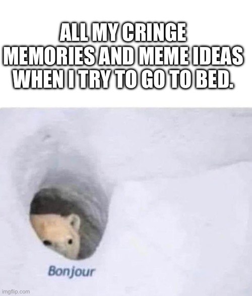 Just let me sleep | ALL MY CRINGE MEMORIES AND MEME IDEAS WHEN I TRY TO GO TO BED. | image tagged in bonjour,memes,funny | made w/ Imgflip meme maker