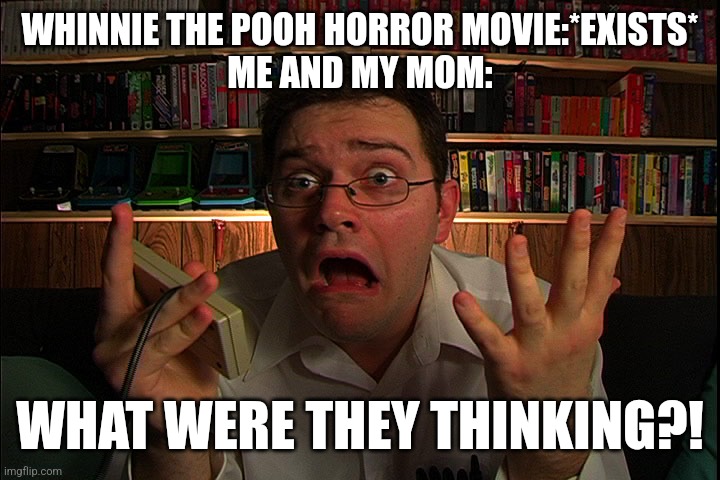 Why? Just why?! | WHINNIE THE POOH HORROR MOVIE:*EXISTS*
ME AND MY MOM:; WHAT WERE THEY THINKING?! | image tagged in avgn what were they thinking,memes,funny,horror movie,movie,oh wow are you actually reading these tags | made w/ Imgflip meme maker