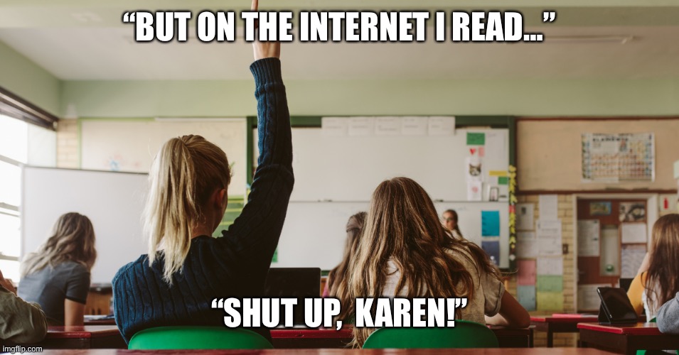 Shut up Karen | “BUT ON THE INTERNET I READ…”; “SHUT UP,  KAREN!” | image tagged in antivax,do your own homework | made w/ Imgflip meme maker