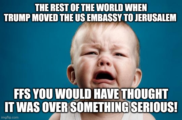 A Throwback to One of the most Pathetic Meltdowns of 45 | THE REST OF THE WORLD WHEN TRUMP MOVED THE US EMBASSY TO JERUSALEM; FFS YOU WOULD HAVE THOUGHT IT WAS OVER SOMETHING SERIOUS! | image tagged in baby crying | made w/ Imgflip meme maker