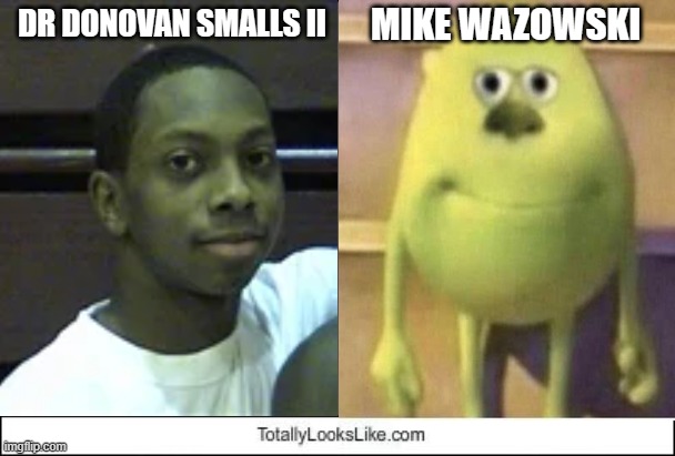 Dr. Donovan Smalls Totally Looks Like Mike Wazowski | MIKE WAZOWSKI; DR DONOVAN SMALLS II | image tagged in memes,funny memes,totally looks like | made w/ Imgflip meme maker