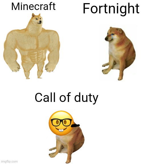 Buff Doge vs. Cheems Meme | Minecraft Fortnight Call of duty | image tagged in memes,buff doge vs cheems | made w/ Imgflip meme maker