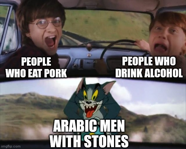 When you eat pork and drink beer but you're in an arabic country | PEOPLE WHO DRINK ALCOHOL; PEOPLE WHO EAT PORK; ARABIC MEN WITH STONES | image tagged in tom chasing harry and ron weasly | made w/ Imgflip meme maker