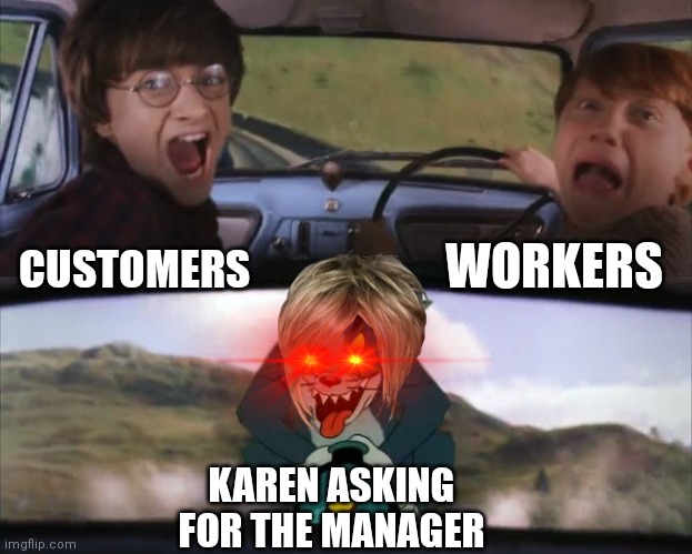 Karens in a shellnut | WORKERS; CUSTOMERS; KAREN ASKING FOR THE MANAGER | image tagged in tom chasing harry and ron weasly | made w/ Imgflip meme maker