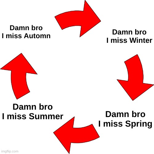 Literally me | Damn bro I miss Automn; Damn bro I miss Winter; Damn bro I miss Spring; Damn bro I miss Summer | image tagged in memes,funny,relatable,seasons,circle,front page plz | made w/ Imgflip meme maker