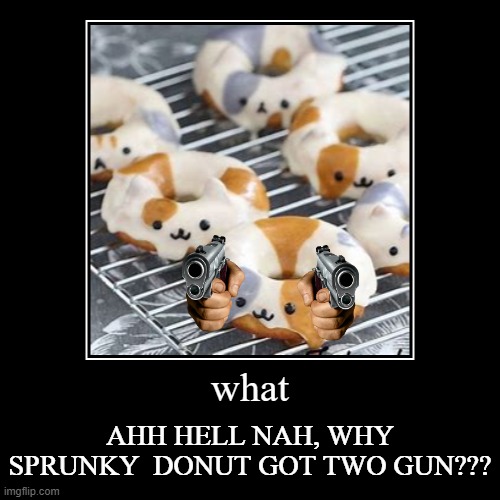 SPRUNKLY DONUT GOT GUNS!? | what | AHH HELL NAH, WHY SPRUNKY  DONUT GOT TWO GUN??? | image tagged in funny,demotivationals,donuts,cats | made w/ Imgflip demotivational maker