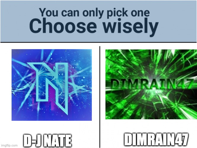 Dimrain47 takes my vote | D-J NATE; DIMRAIN47 | image tagged in you can pick only one choose wisely,geometry dash | made w/ Imgflip meme maker